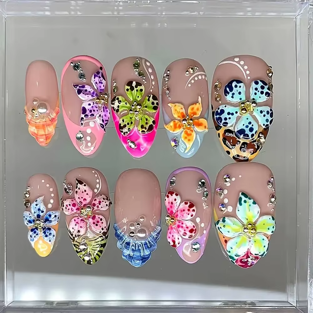 Décoration d'ongles mixte de fleurs hawaïennes, 60 pièces, dégradé 3D, fleur de cerisier, cristal, c