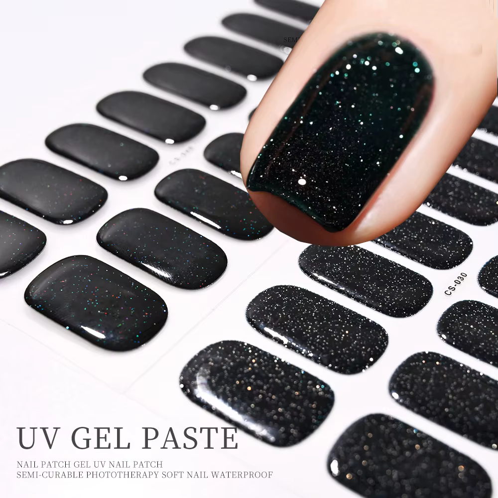Autocollants pour ongles semi-durcis noirs français, 16 pointes, avec paillettes, Gel UV longue duré