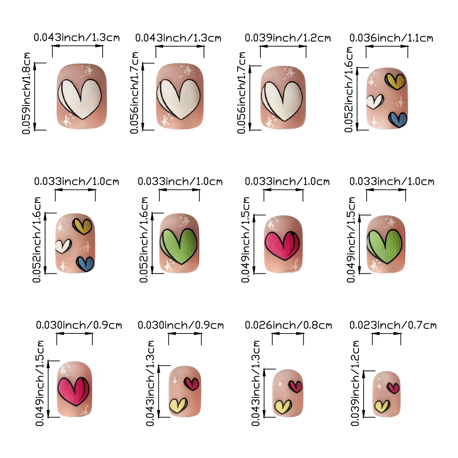 24 pièces faux ongles carrés courts mats, conception de coeur coloré couverture complète presse sur 