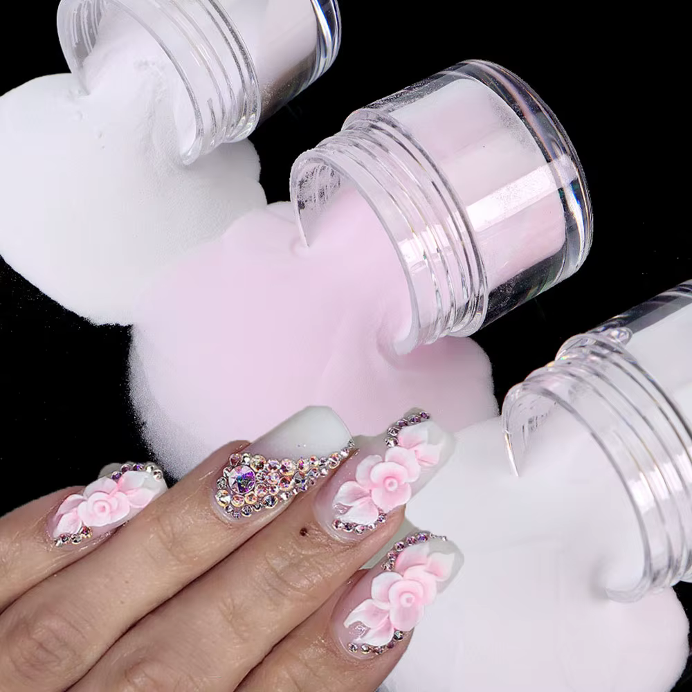 Poudre à ongles acrylique transparente/rose/blanc, 3 couleurs, poudre polymère cristal sculptée, ver