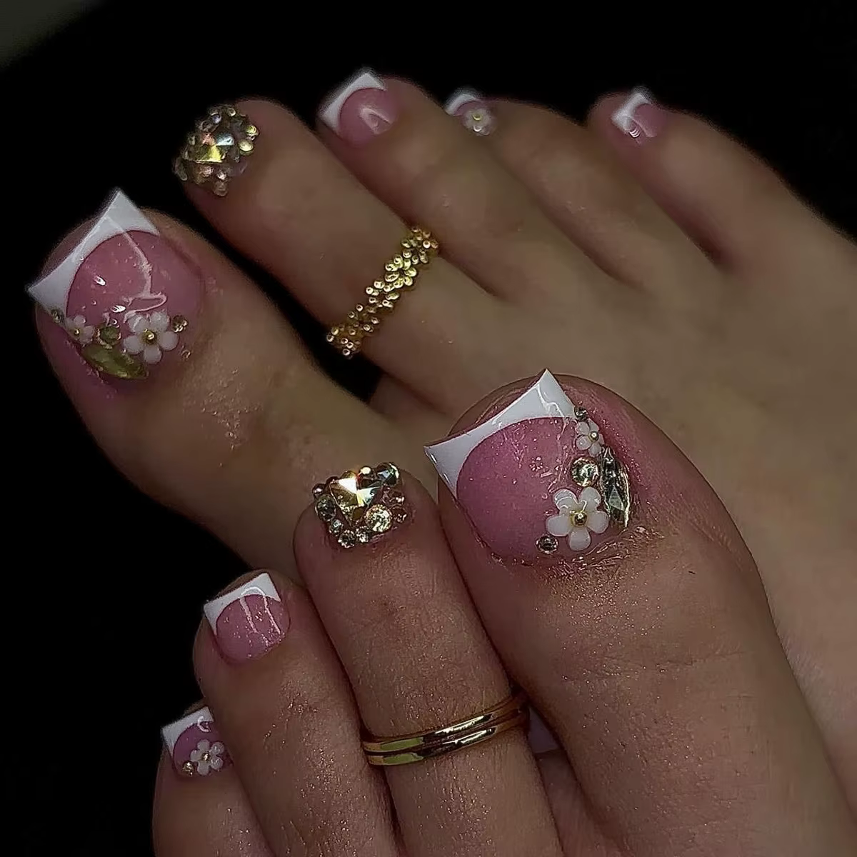 Faux ongles français à tête carrée courte, avec motif floral 3D, à pression, rose, Simple, portable,