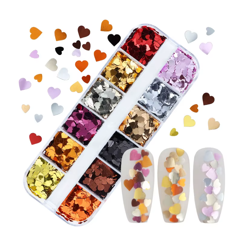 Saint Valentin Nail Art métallique amour coeurs paillettes romantique ongles breloques or coeur pail