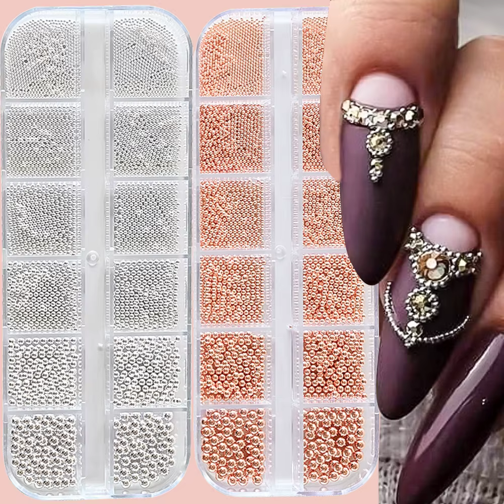 Mini perles de Caviar or/argent à 12 grilles, décorations Nail Art, Micro boules en métal, breloque