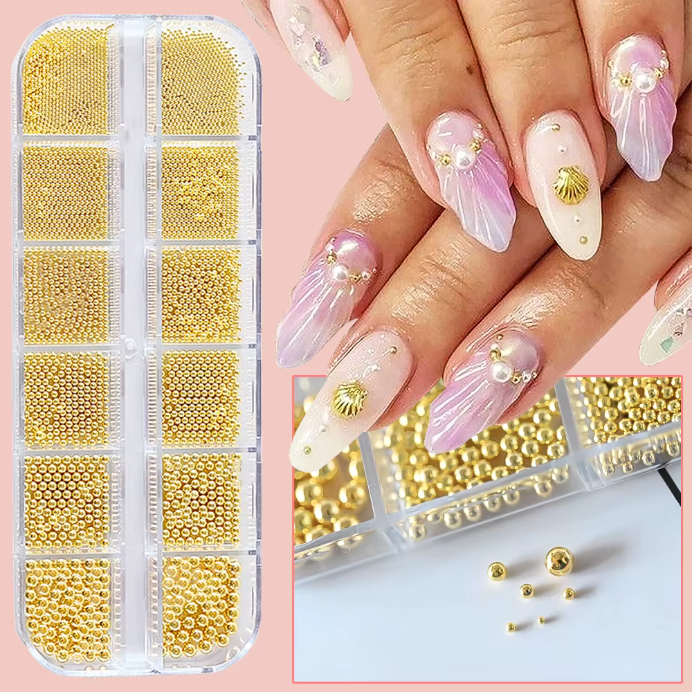 Mini perles de Caviar or/argent à 12 grilles, décorations Nail Art, Micro boules en métal, breloque