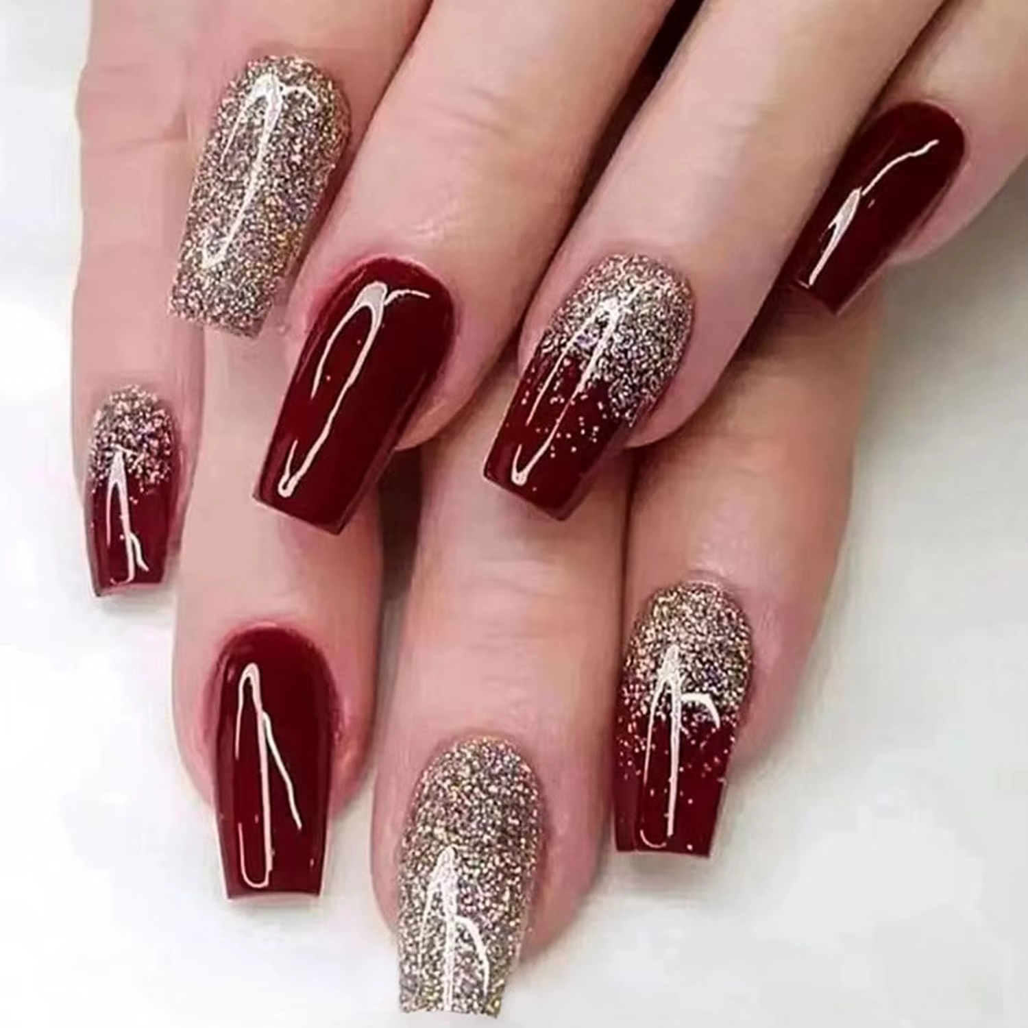 Faux ongles rectangulaires pressés à bords français Rose-Rose, 24 pièces, et brillants, conçus sur u