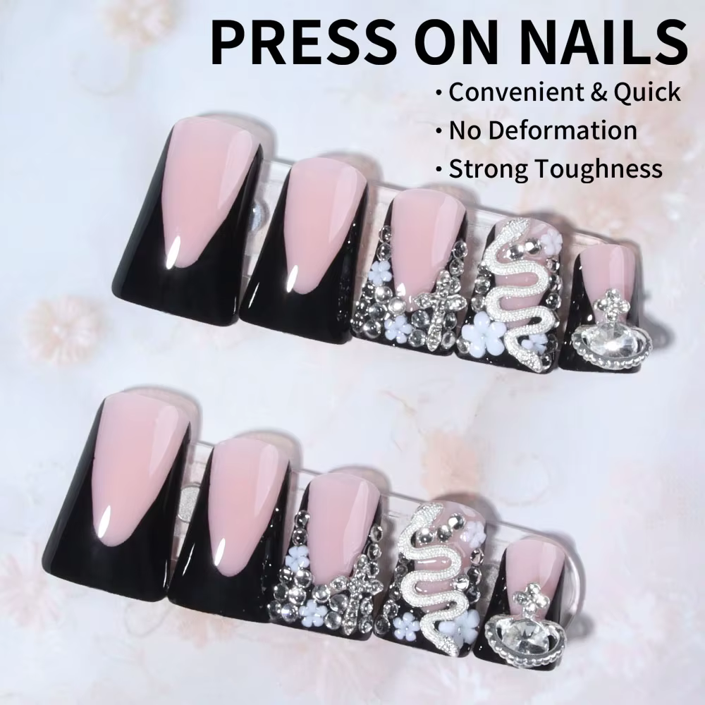 24 pièces Long canard noir pointe française presse sur ongles croix en alliage 3D, décoration en for
