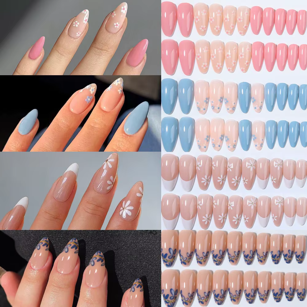 96 pièces (quatre styles) ongles en amande, ongles à pois, fleurs pointe française presse sur les on