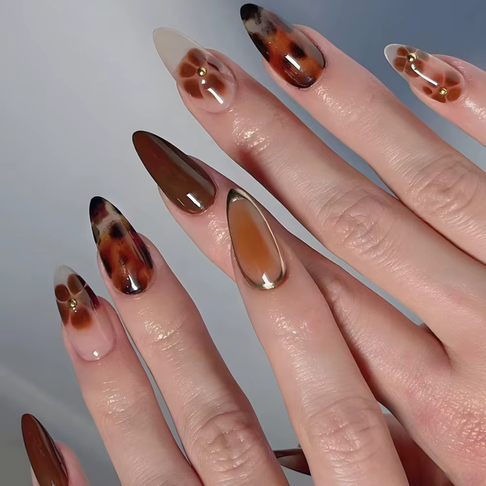 24 pièces français imprimé léopard presse sur ongles automne doré perle marron fleurs amande faux on