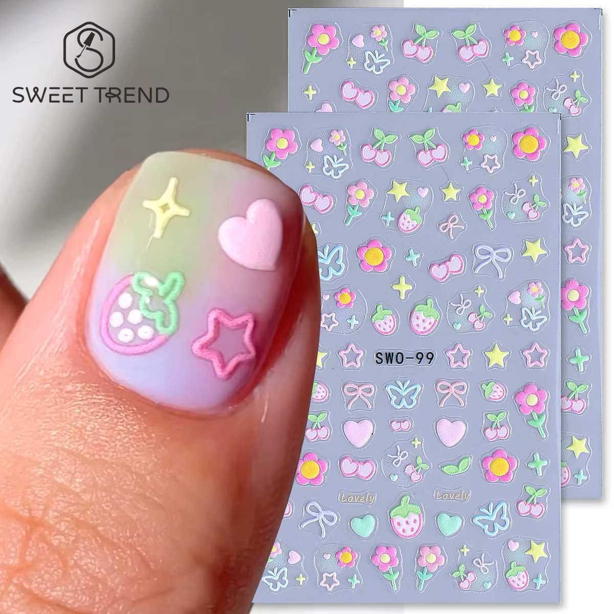 Autocollants pour Nail Art, 2 pièces, élément doux, fleur Simple, cœur, cerise, fraise, décalcomanie