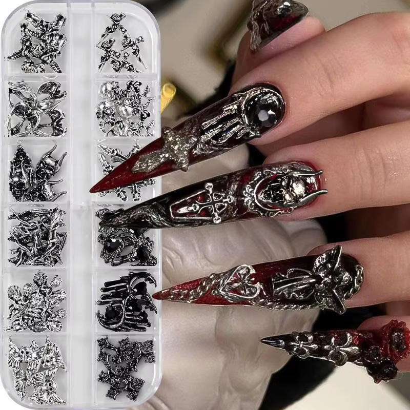Breloques pour nail art vintage inspirées du style Y2K, en métal, en lot de 12 grilles