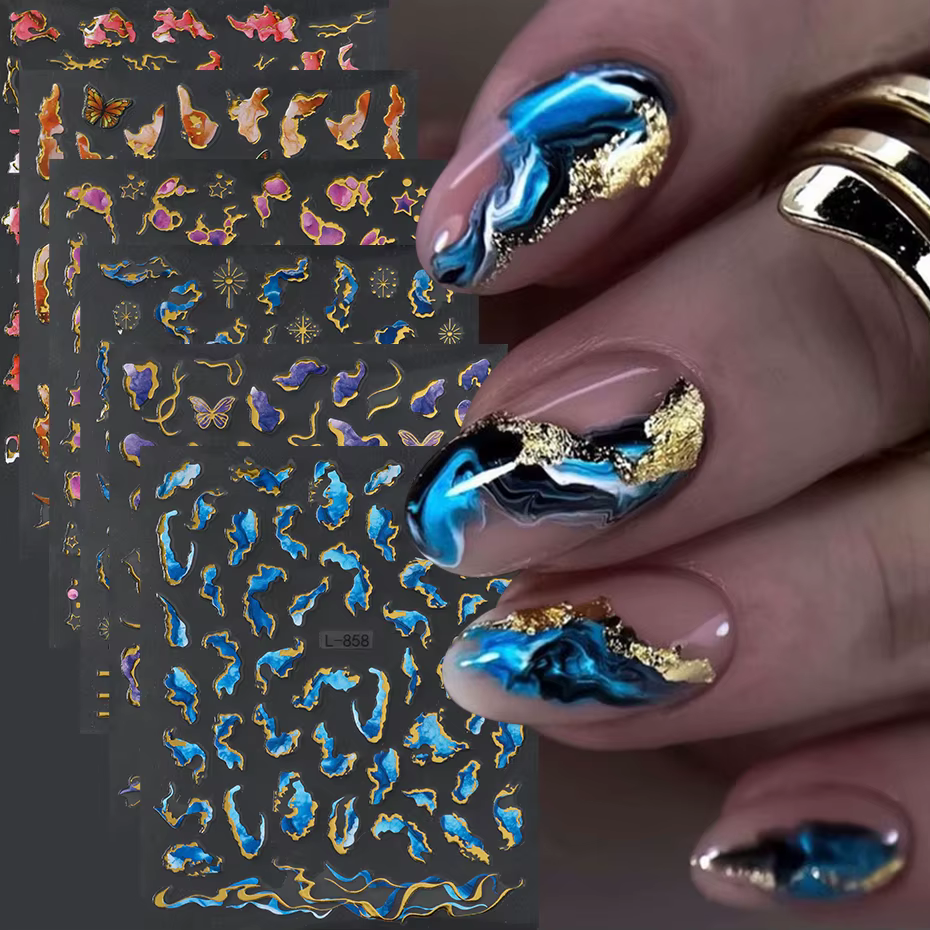 Autocollants pour ongles imprimés en marbre 3D, 6 pièces, breloques multicolores à effet de marbre d