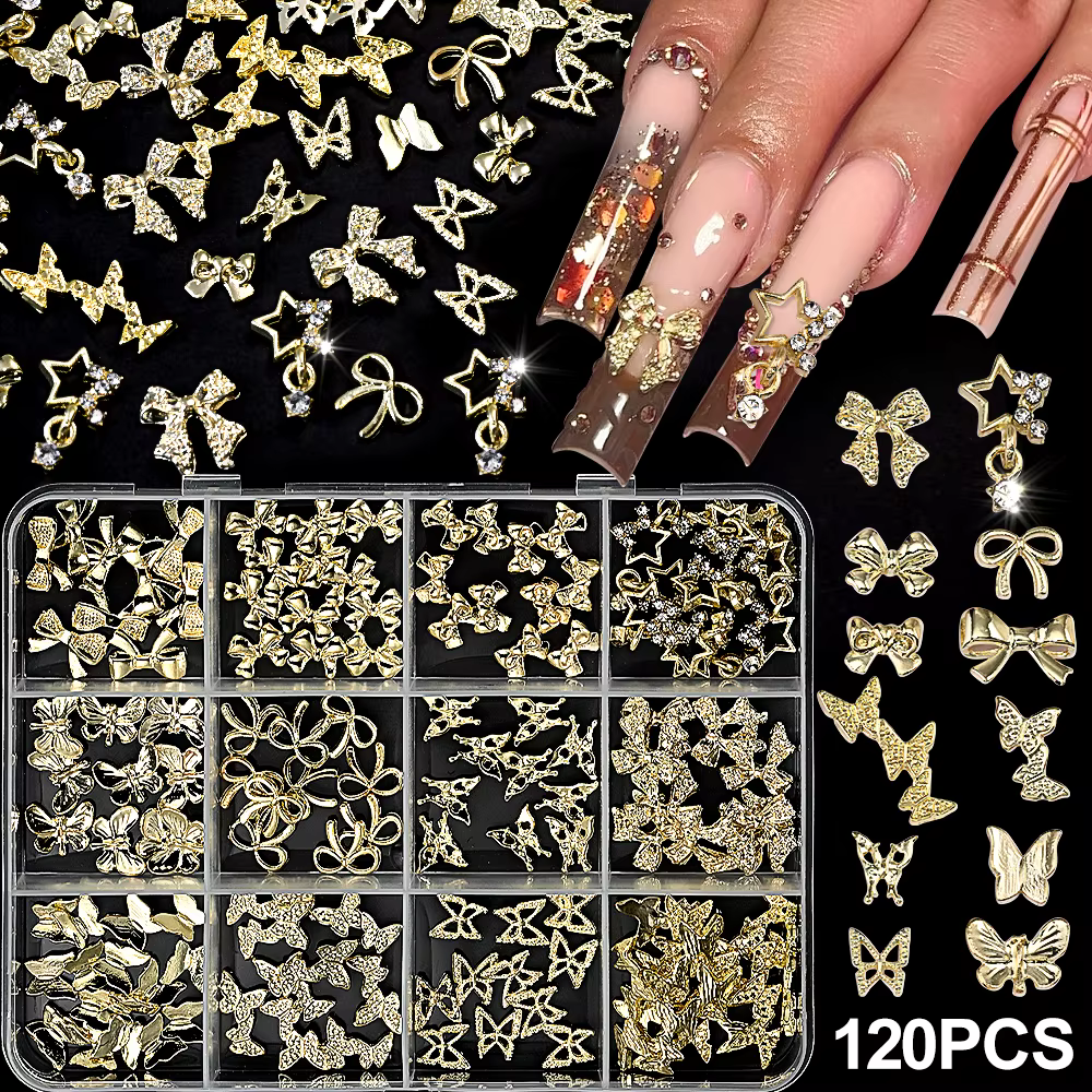120 pièces/boîte 3D or arc papillon ongles breloques en métal brillant mignon noeud papillon/diamant