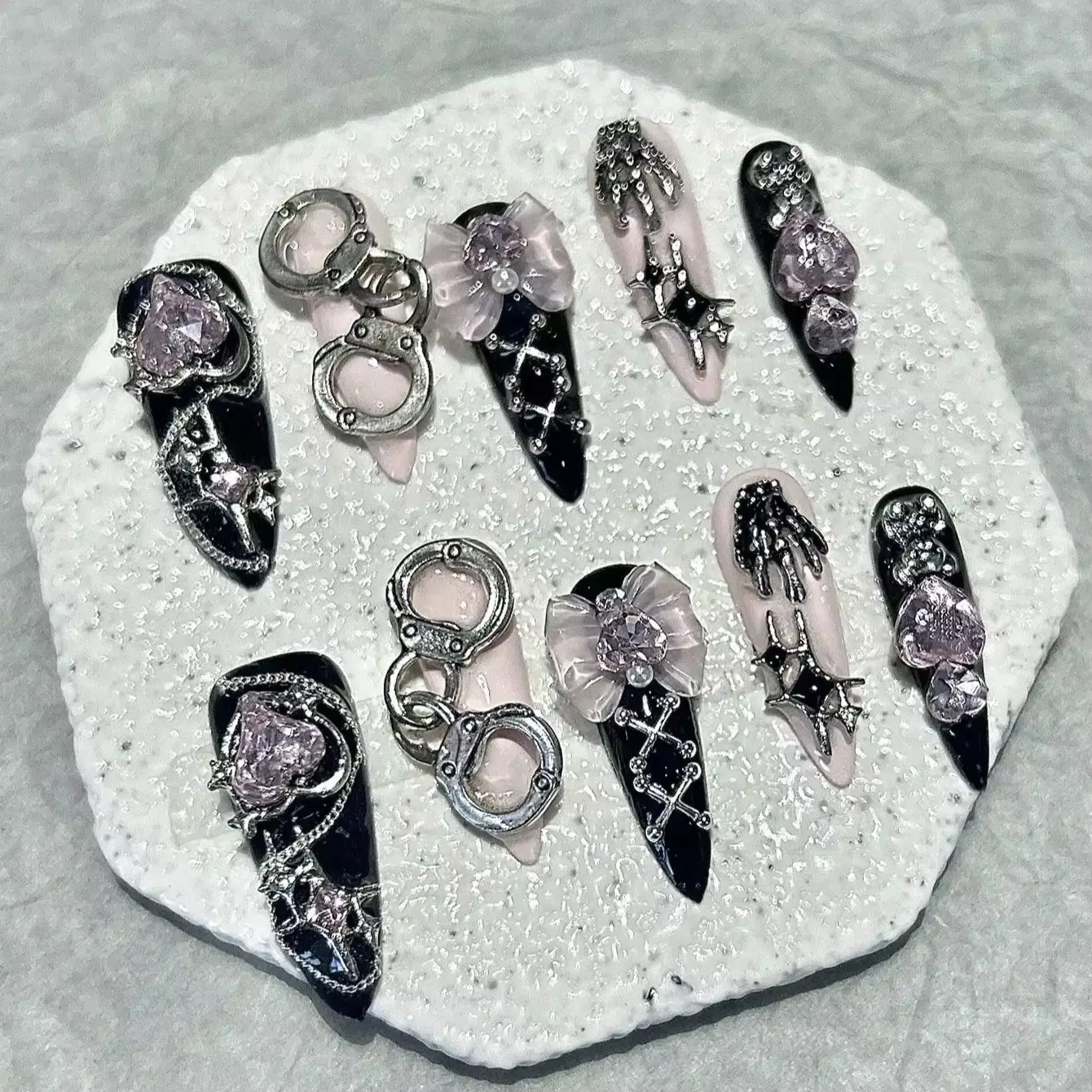 10pcs d'Ongles Faux Faits Main Noirs Roses Longs Pointus y2k Hot Girl Sweet Cool Ongles Portables Fa