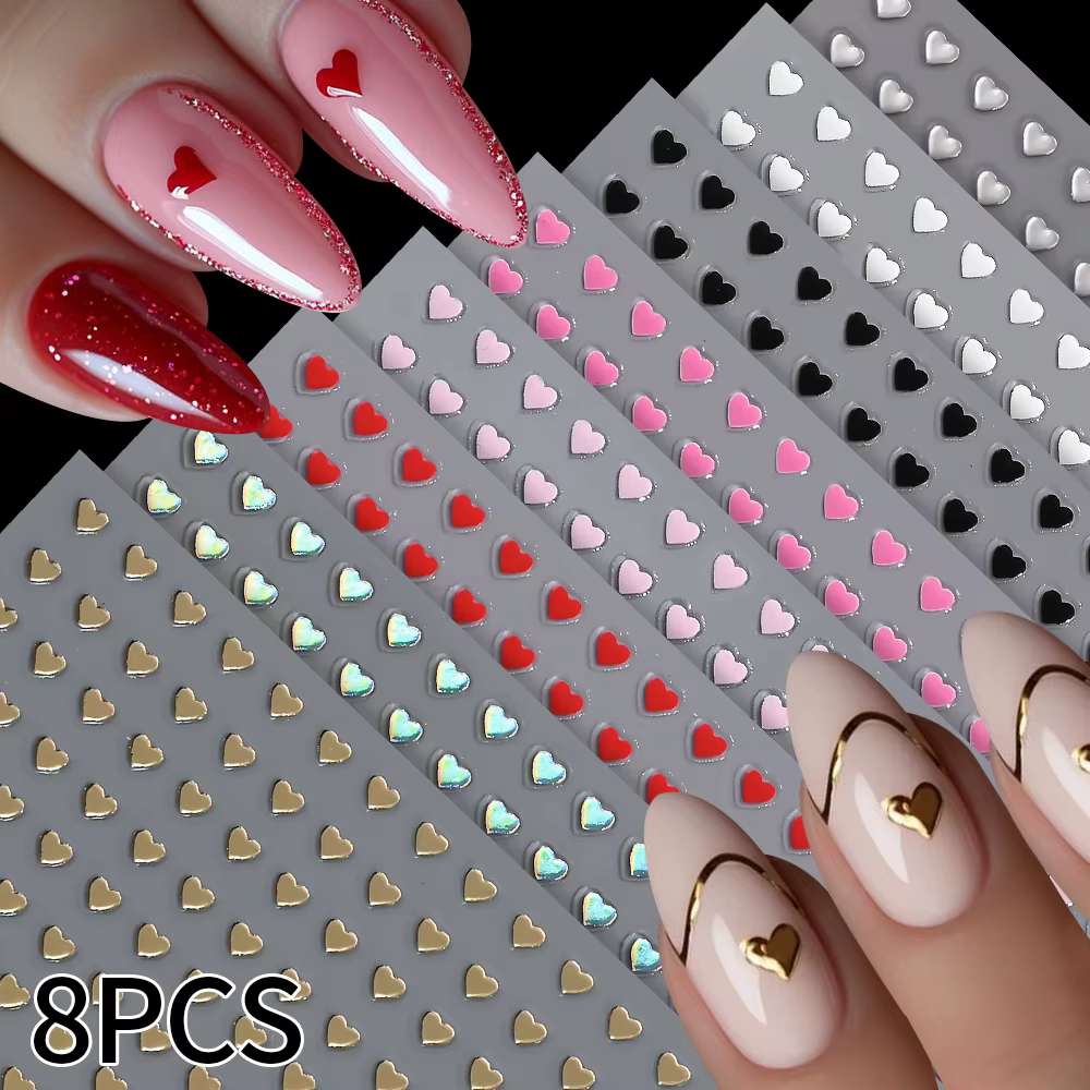 8 couleurs/ensemble 3D Mini amour coeur saint valentin ongles autocollants or rouge rose amour auto-