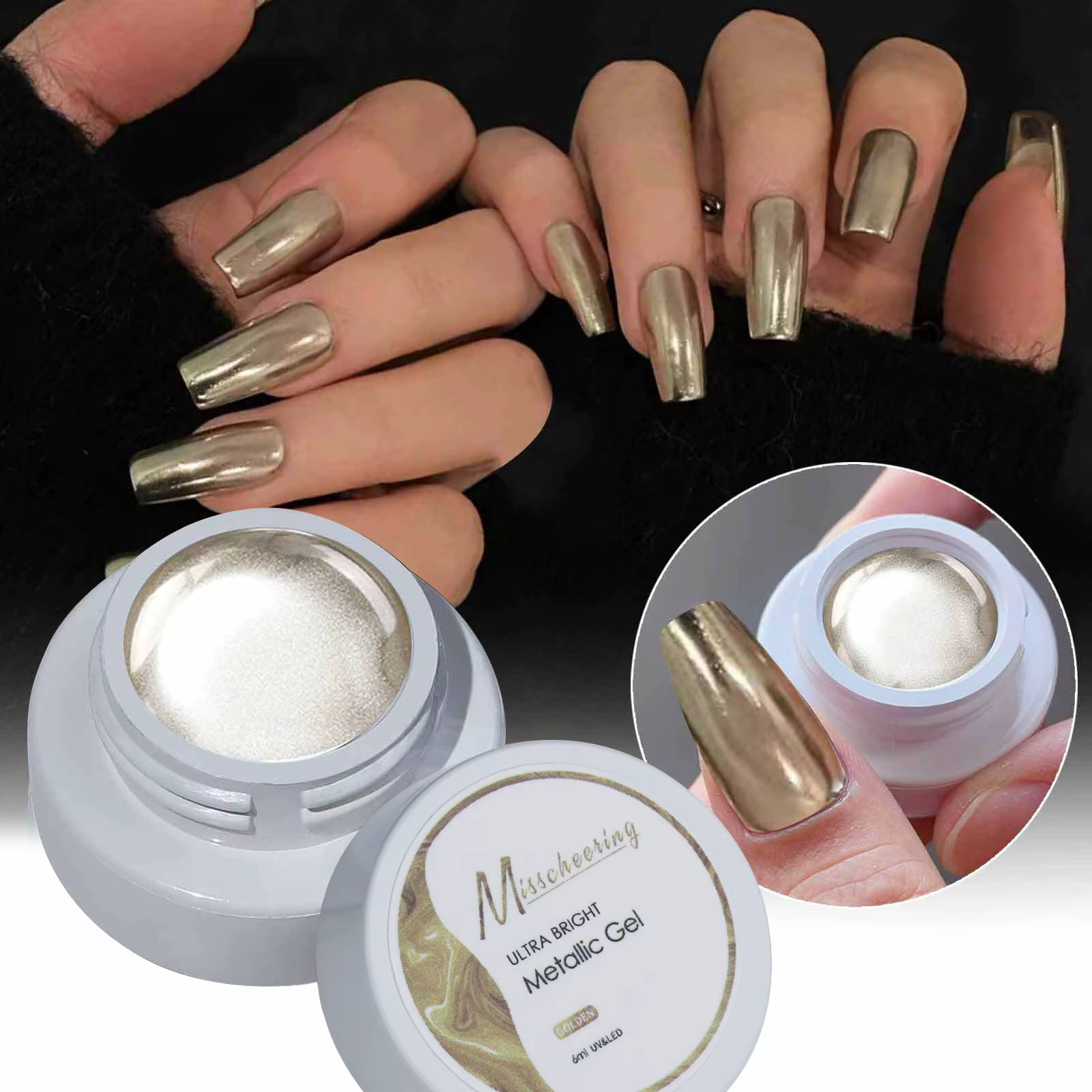 Vernis à ongles Gel métallique, finition miroir dorée et argentée, Art de ligne et manucure français