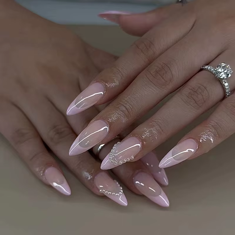 24 pièces faux ongles français fini amande ongles ensembles avec nœud doré conception faux ongles Ar