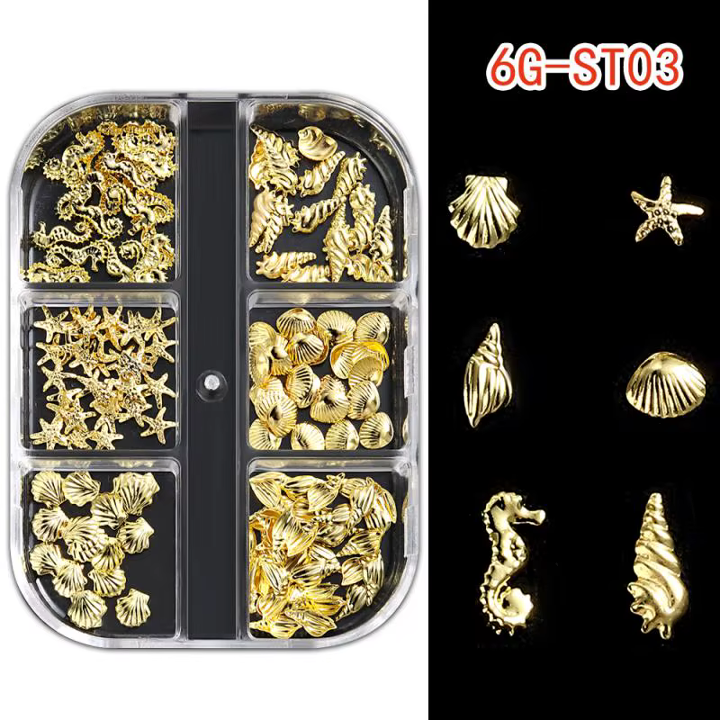 1 Boîte de Breloques 3D pour Ongles Thème Océan Estival, Coquillages Métalliques, Étoiles de Mer, Hi