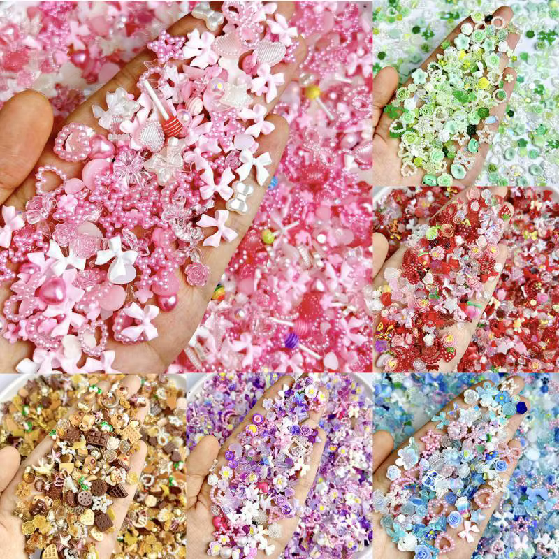 Breloques mignonnes mélangées au hasard pour ongles, nœud, fleur, étoile, coeur, perle creuse douce,