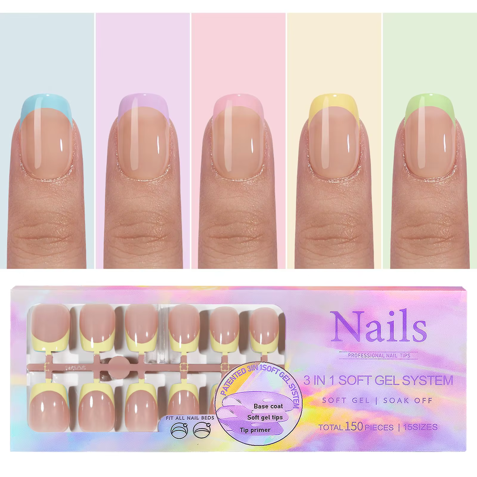 150 pièces/boîte faux ongles français sans cicatrice cercueil amovible amande faux ongles patchs acr