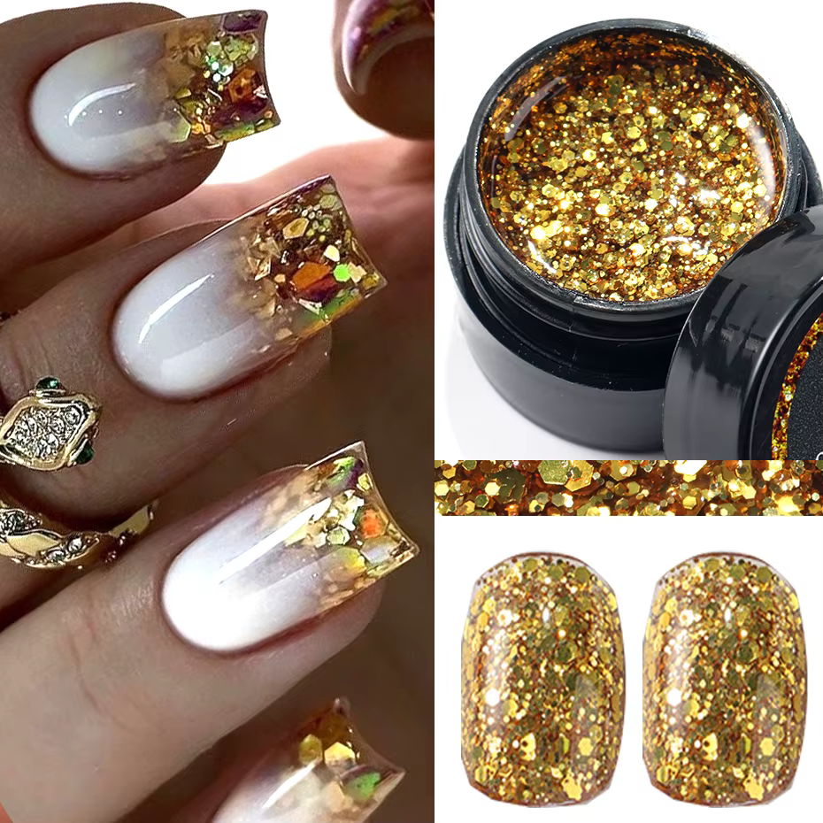 Vernis à ongles réfléchissant à paillettes Champagne or, Gel UV scintillant pour ongles, paillettes 