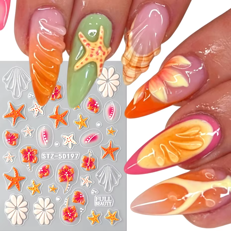 Autocollants pour ongles Étoile de mer orange Hibiscus, Décalcomanies pour ongles Fleurs des îles, S