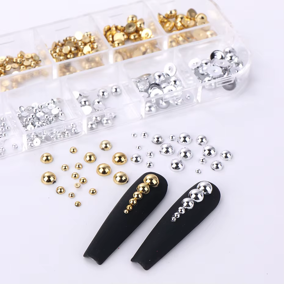 12 grilles de couleurs mélangées or argent plat demi-rond perle ongles pièces Flatback ornement 3D m