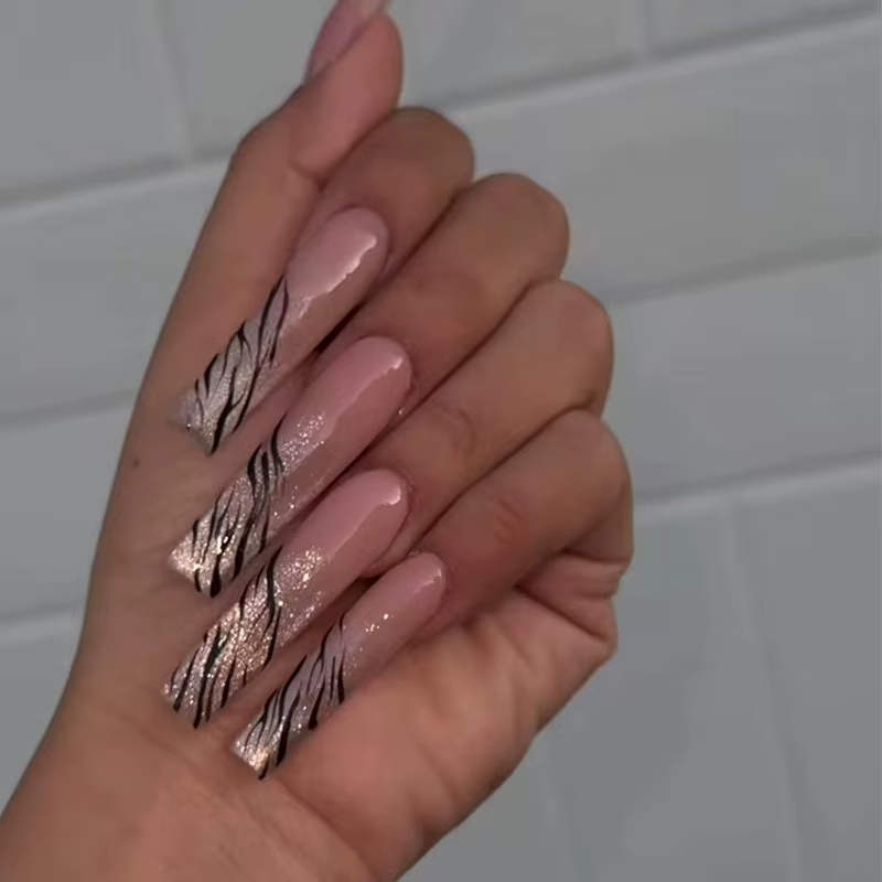 Faux ongles à bordure française dorée, longs cercueil, avec strass, ballerine, couverture complète,