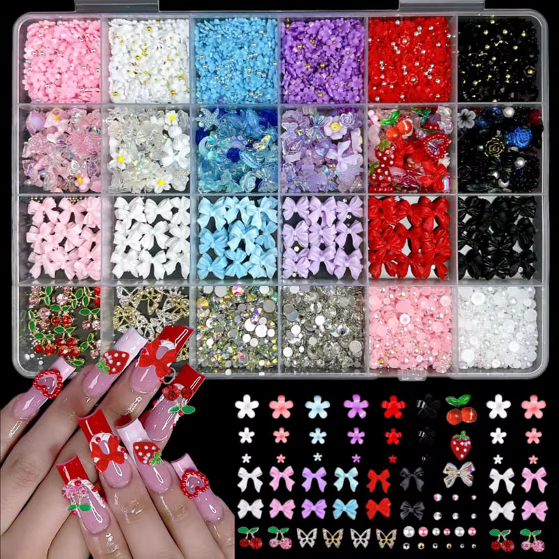 Ensemble de breloques pour Nail Art, bricolage, avec rubans, nœuds, fleurs, cerise, fraise et papill