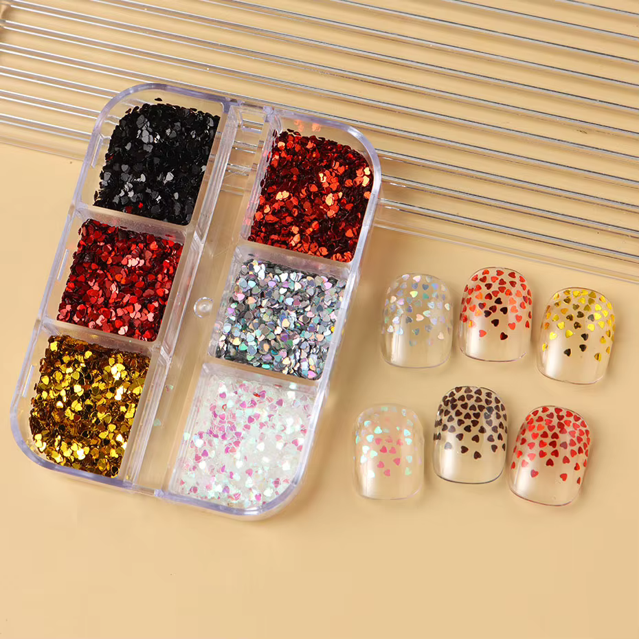 6 grilles Y2K mignon coeur paillettes ongles paillettes Kawaii Mini Laser doré argenté amour flocon 