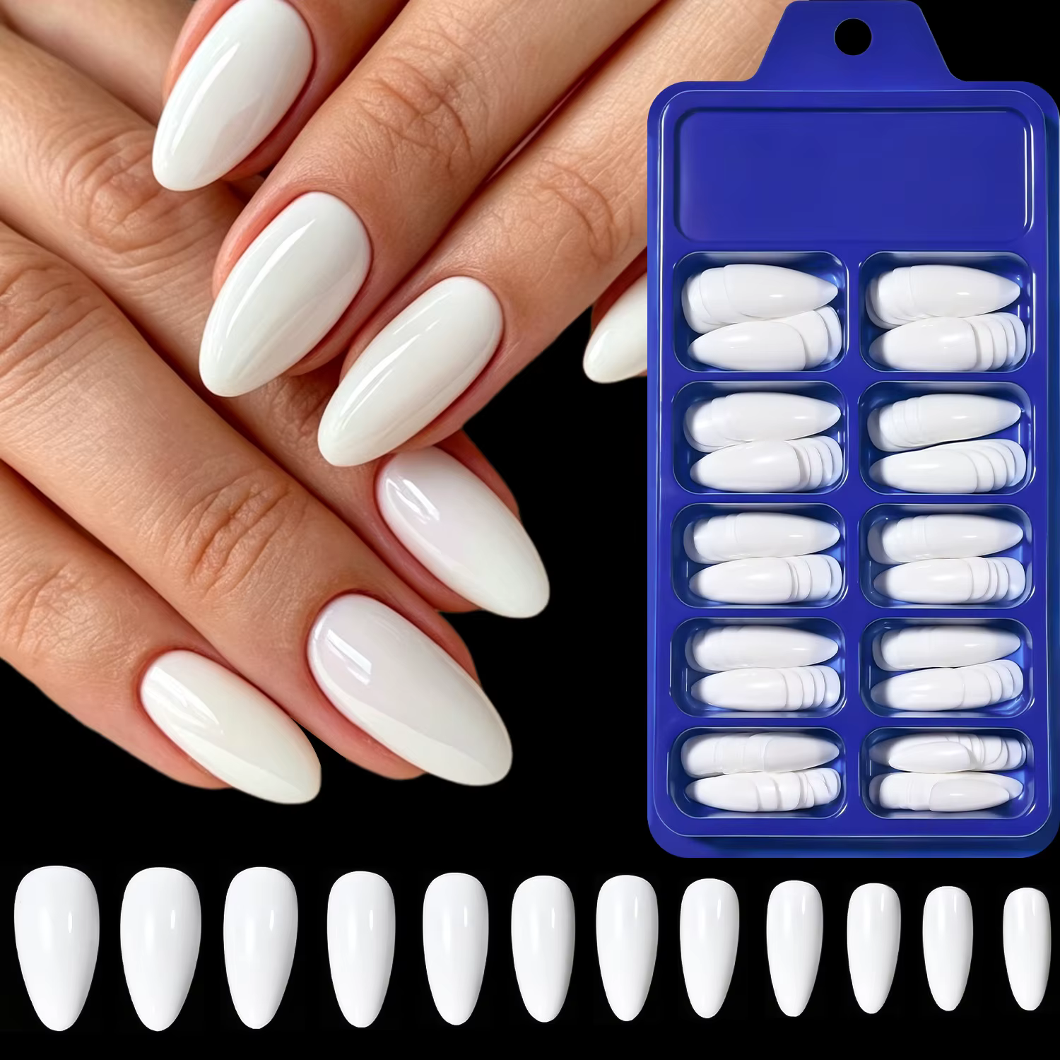 1 Boîte de 120 faux ongles brillants blanc laiteux en forme d'amande, à presser, couvrance totale, s