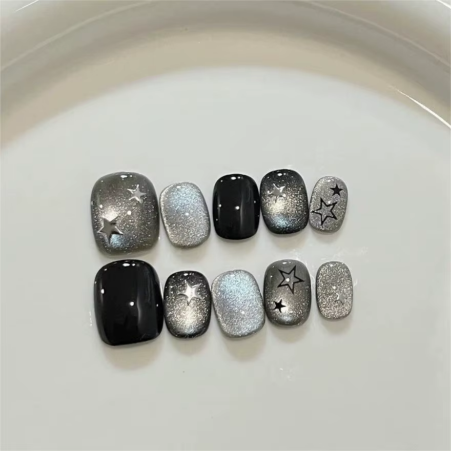 10 pièces noir mignon chat à la main presse sur ongles cristal oeil de chat faux ongles paillettes b