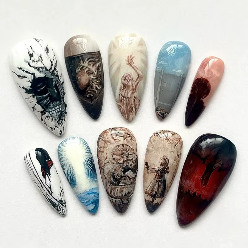 24 faux ongles à presser, style gothique graffiti velours, punk, tendance, mode européenne et améric