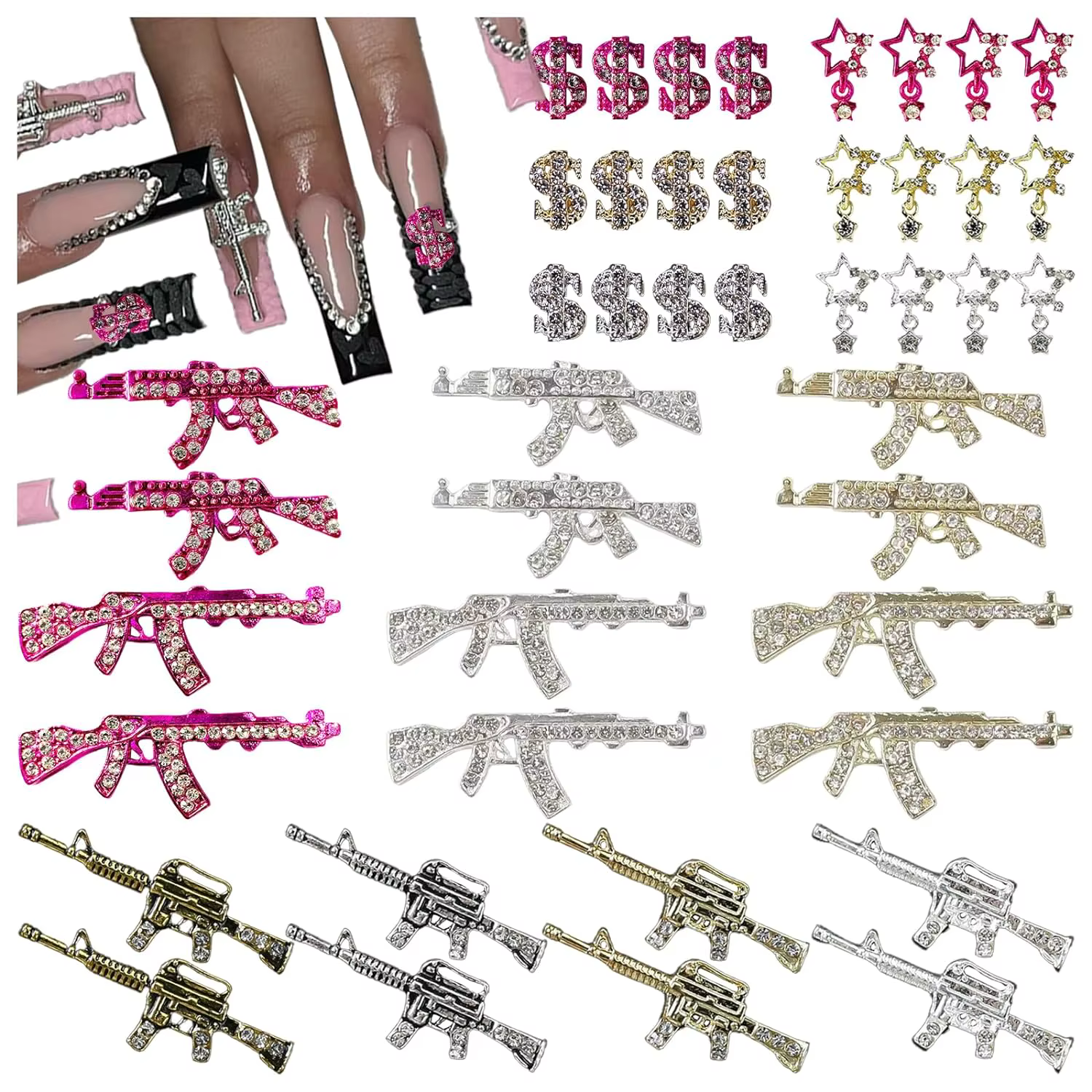 44 pièces pistolet ongles breloques Nail Art strass alliage pistolet Dollar signe étoile ongles luxe