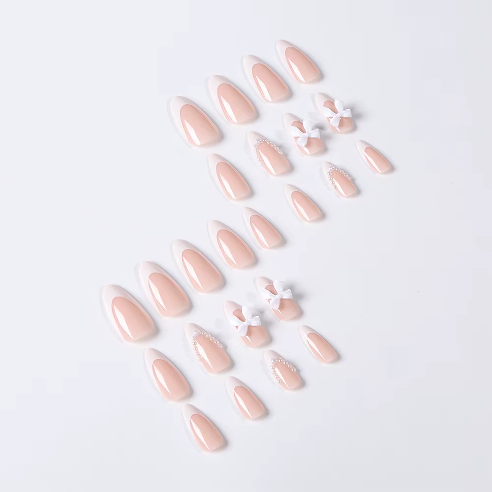 24 pièces (+ outils) perle arc nu rose presse sur ongles blanc français bout des doigts amande couve