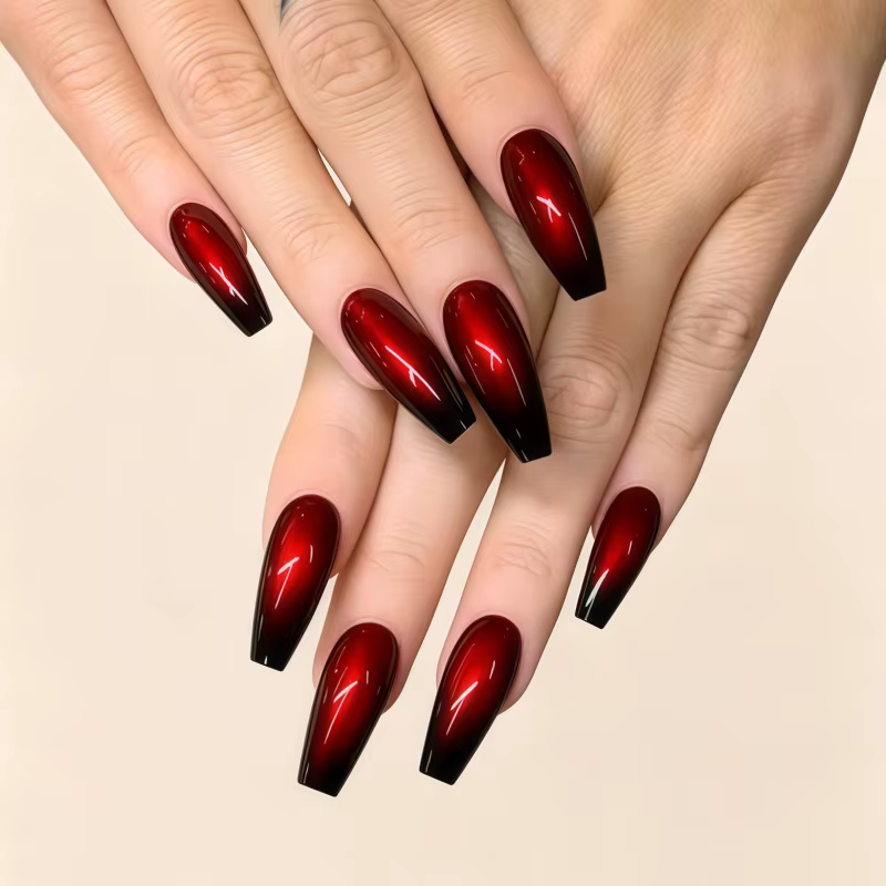 Nouveauté 2026 : 24 faux ongles longs style ballet dégradé rouge et noir, avec autocollants et décal