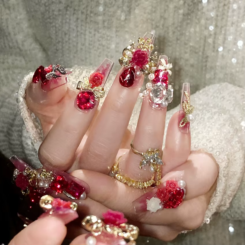 24 pièces nouvel an métal lourd presse sur ongles mariée chinoise mariage faux ongles couverture com