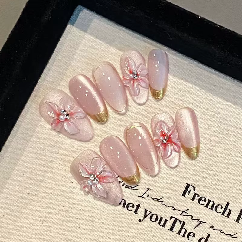 24 faux ongles à presser de longueur moyenne, forme amande, motif floral 3D ondulé, couverture compl