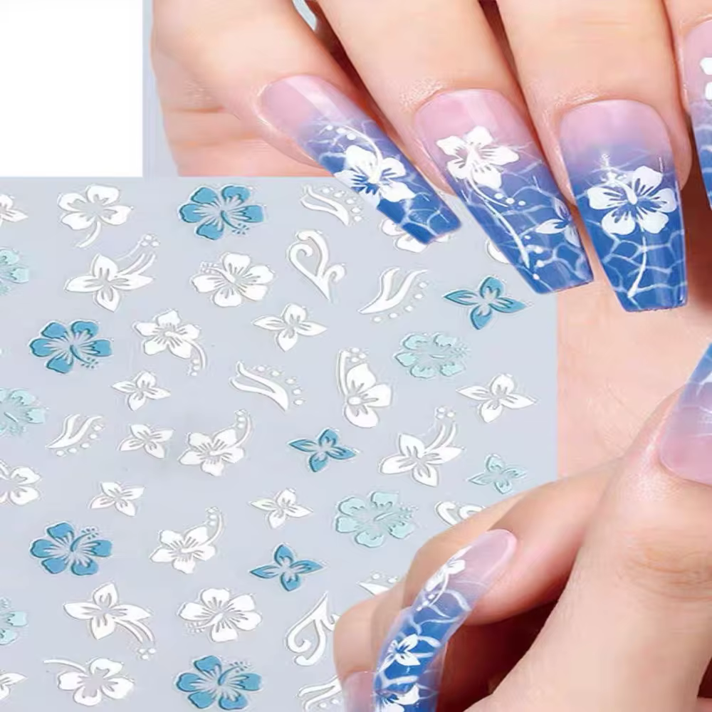 Autocollant en relief pour ongles, fleur d'hibiscus 5D, fleur en dentelle, pétale blanc rose, Floral