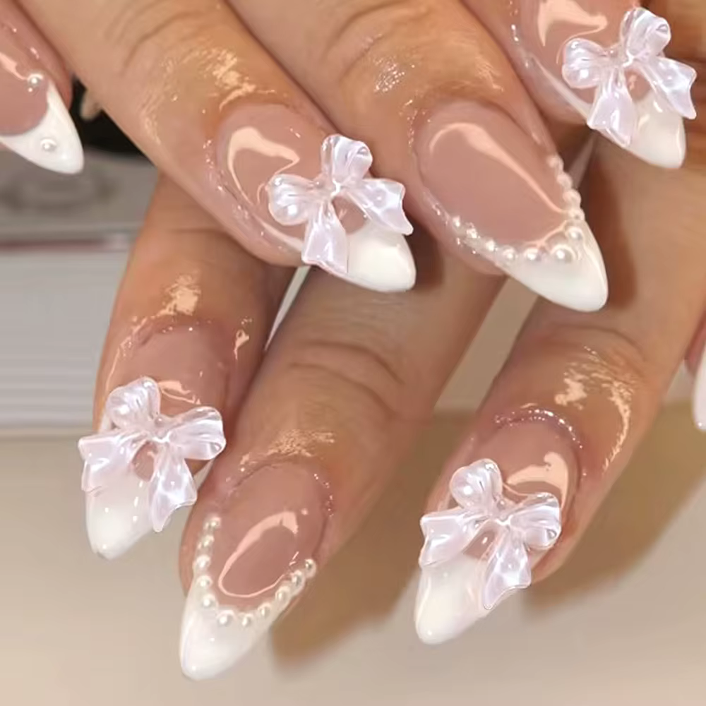 ARTAUG 24 pièces presse moyenne sur les ongles Stiletto rose nœud papillon bout des doigts garniture