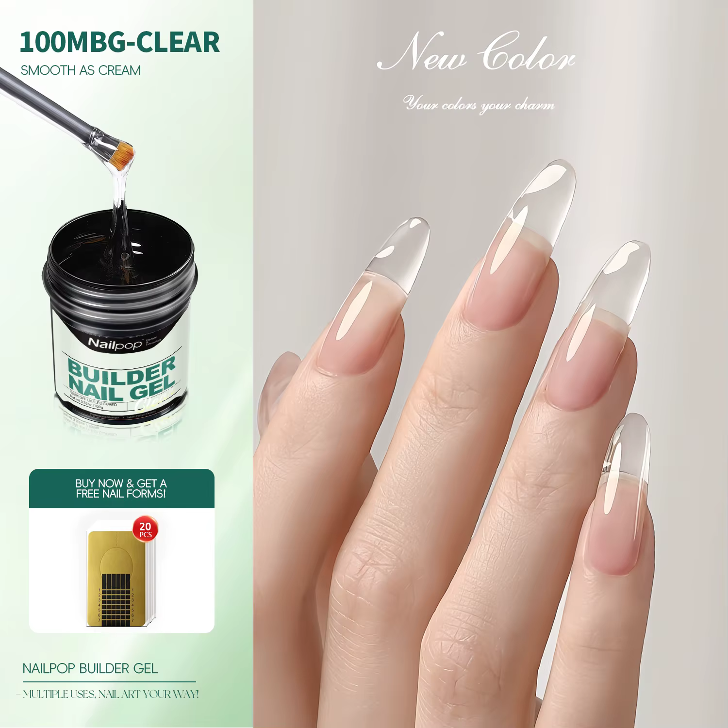 Nailpop100g Gel constructeur lisse laiteux Extension d'ongle de grande capacité Gel acrylique UV/LED