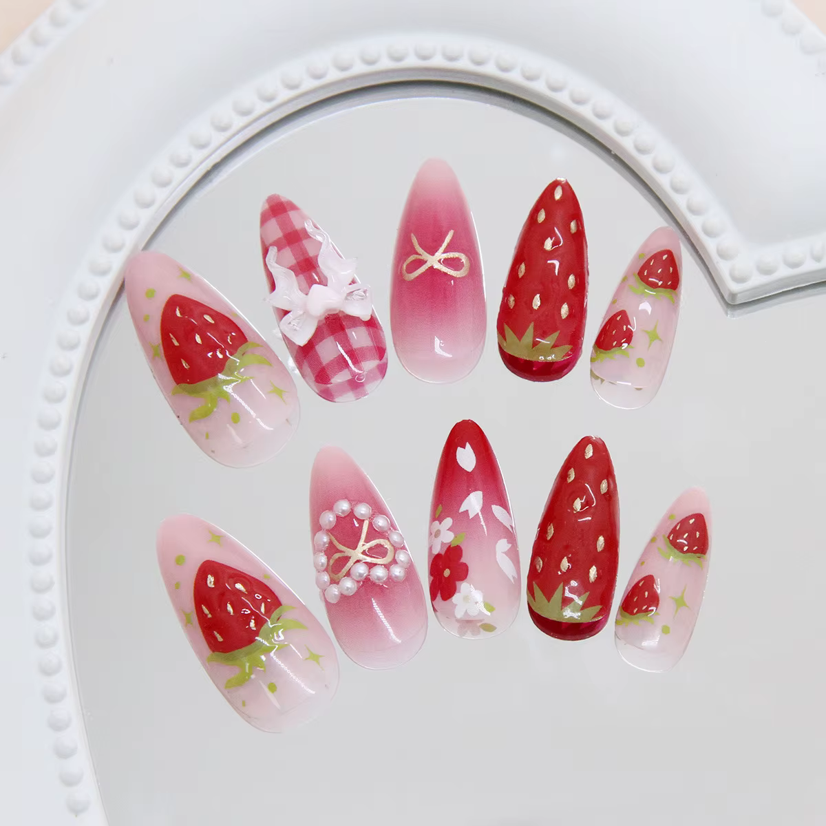 24 pièces Ins 3D nœuds papillon presse sur ongles doux fraise rose Plaid amande faux ongles avec coe