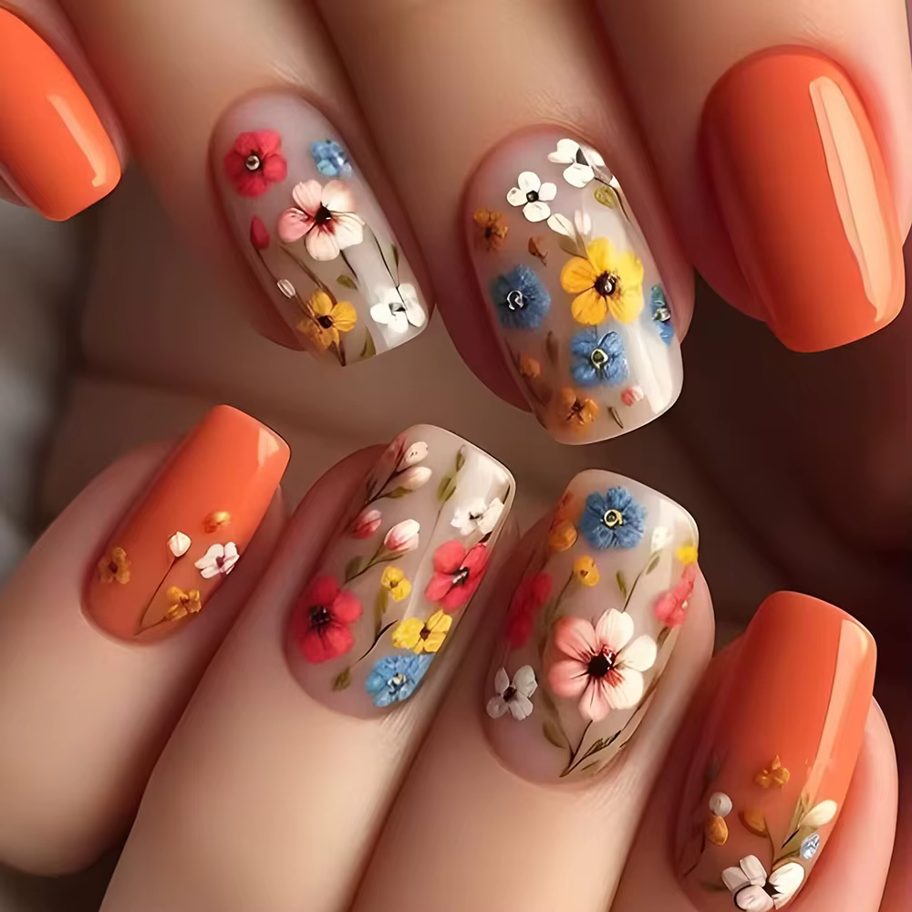 Faux ongles en acrylique, 24 pièces/ensemble, courts, moyens et longs, fleurs de printemps, pour la 