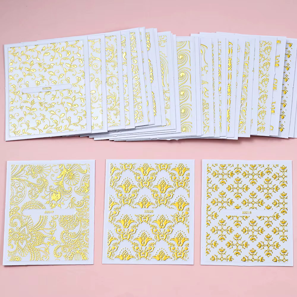 30 feuilles or fleurs métalliques vigne Nail Art décalcomanies 3D dentelle fleur autocollant pour on