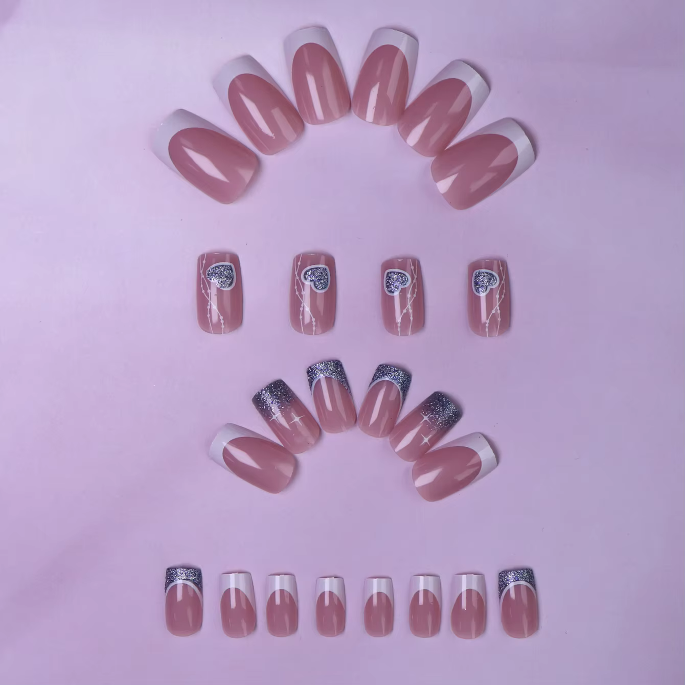 24 pièces d'ongles courts en forme de cœur pop français avec 1 gel de gelée et 1 lime à ongles