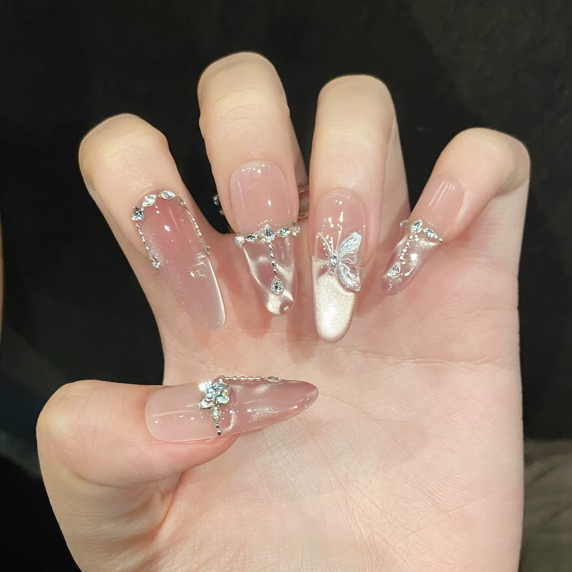 10 pièces presse à la main sur les ongles rose papillon conception faux ongles portable réutilisable