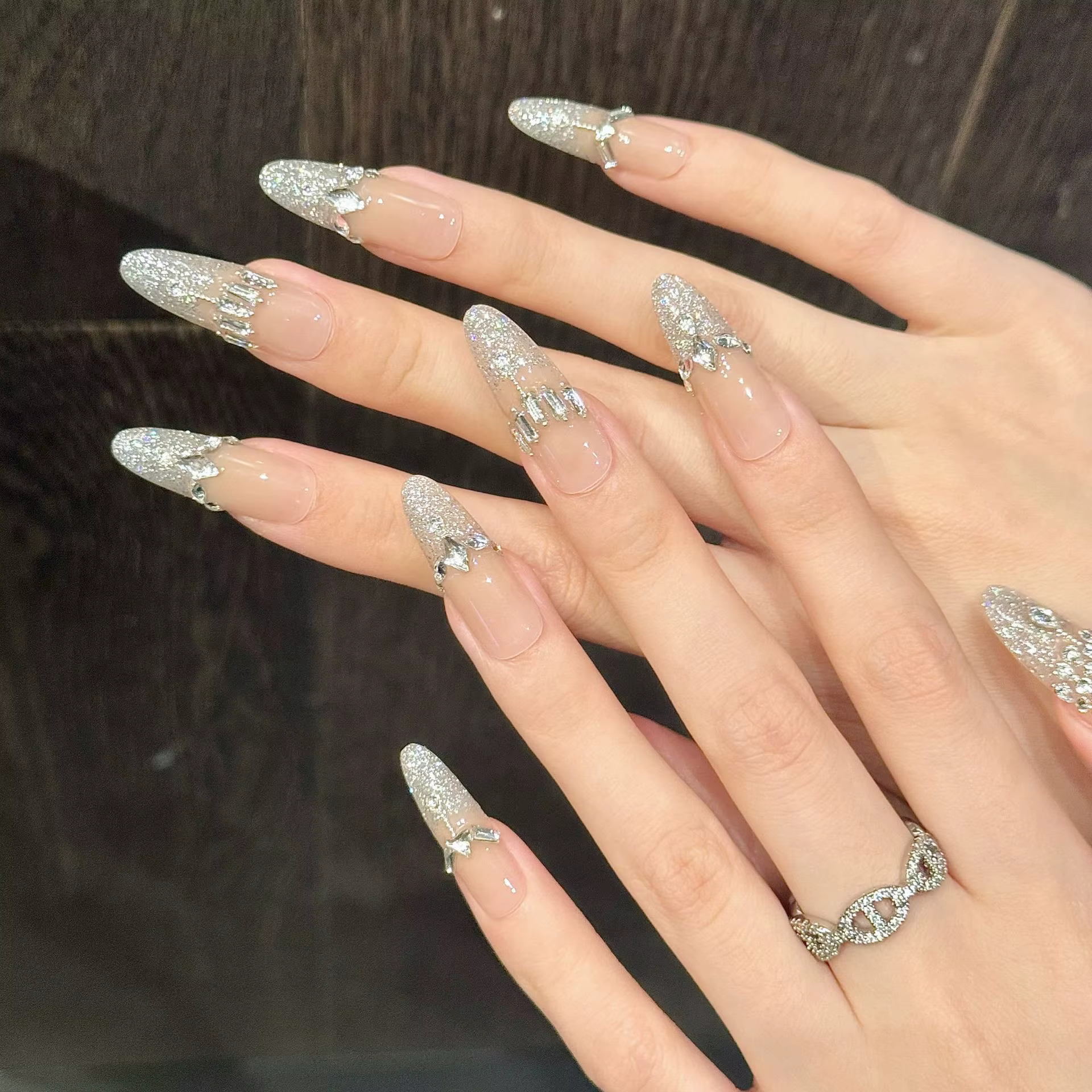 10 pièces à la main brillant diamant presse sur ongles paillettes rose arc décor faux ongles mariage