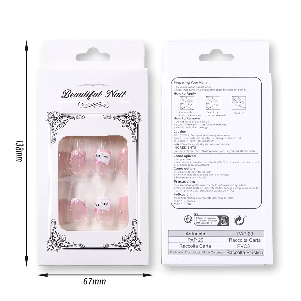 24 faux ongles courts carrés français avec motif Hello Kitty, faux ongles à couverture complète pour