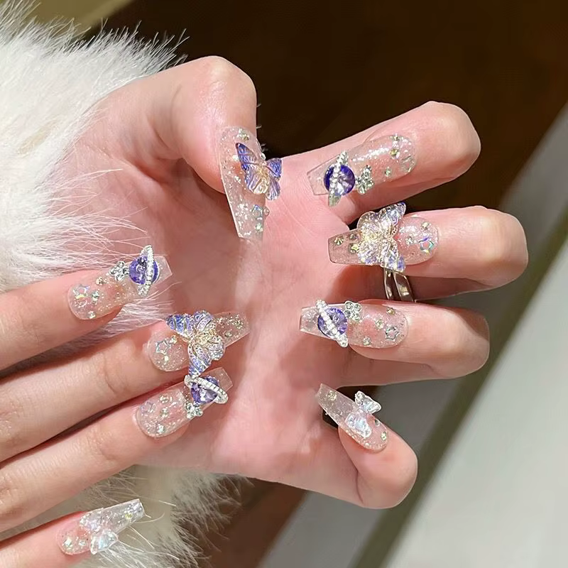 10 pièces presse à la main sur les ongles grand planète conçu faux ongles avec papillon Art paillett