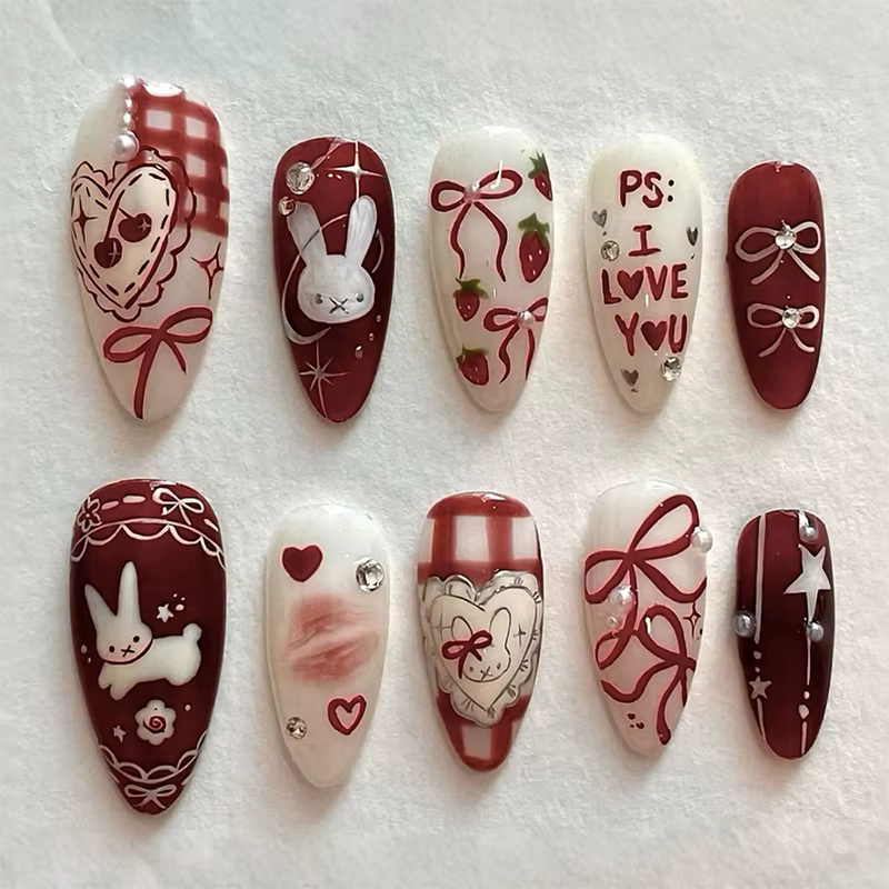 24 pièces arc dessin animé lapin presse sur ongles amande français faux ongles couverture complète p