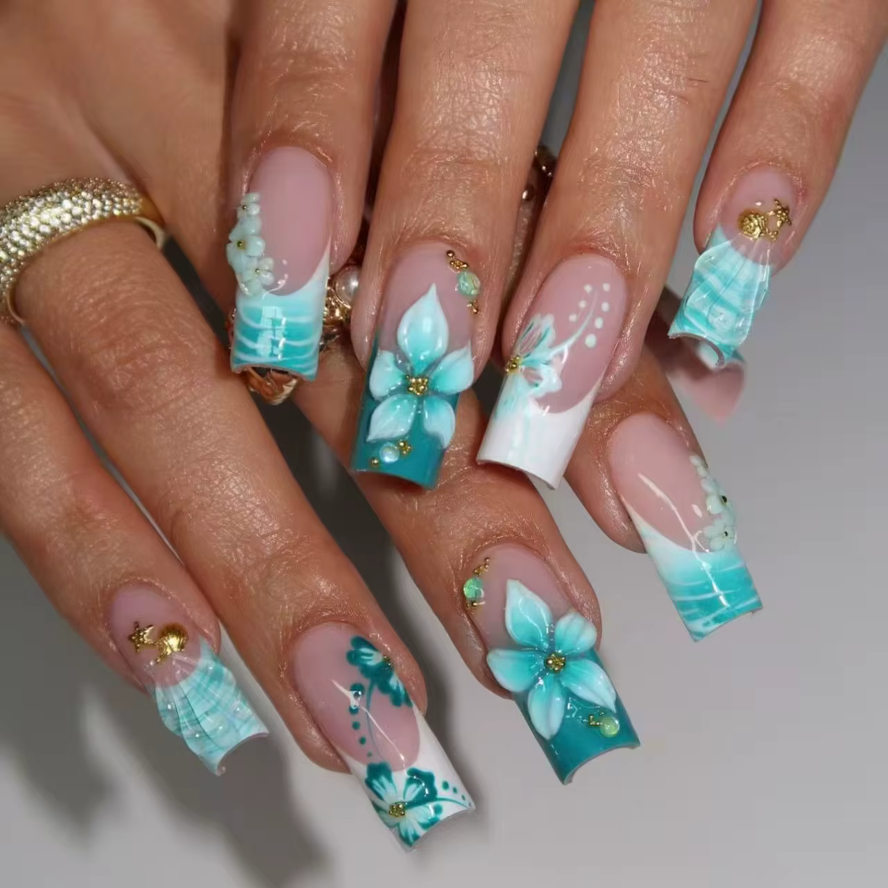 Faux ongles français à pression carrés moyens fleur 3D étoile de mer strass Design de pierres précie